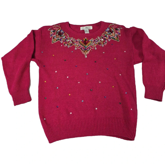 Vtg Brittany Leigh Sweater Womens Medium Red Embellished Ramie Holiday 90s - Picture 1 of 15